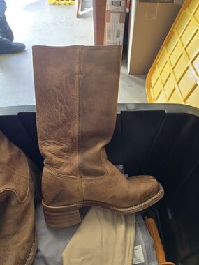 Frye Brown Leather Mid-Calf Stacked Heel Boots